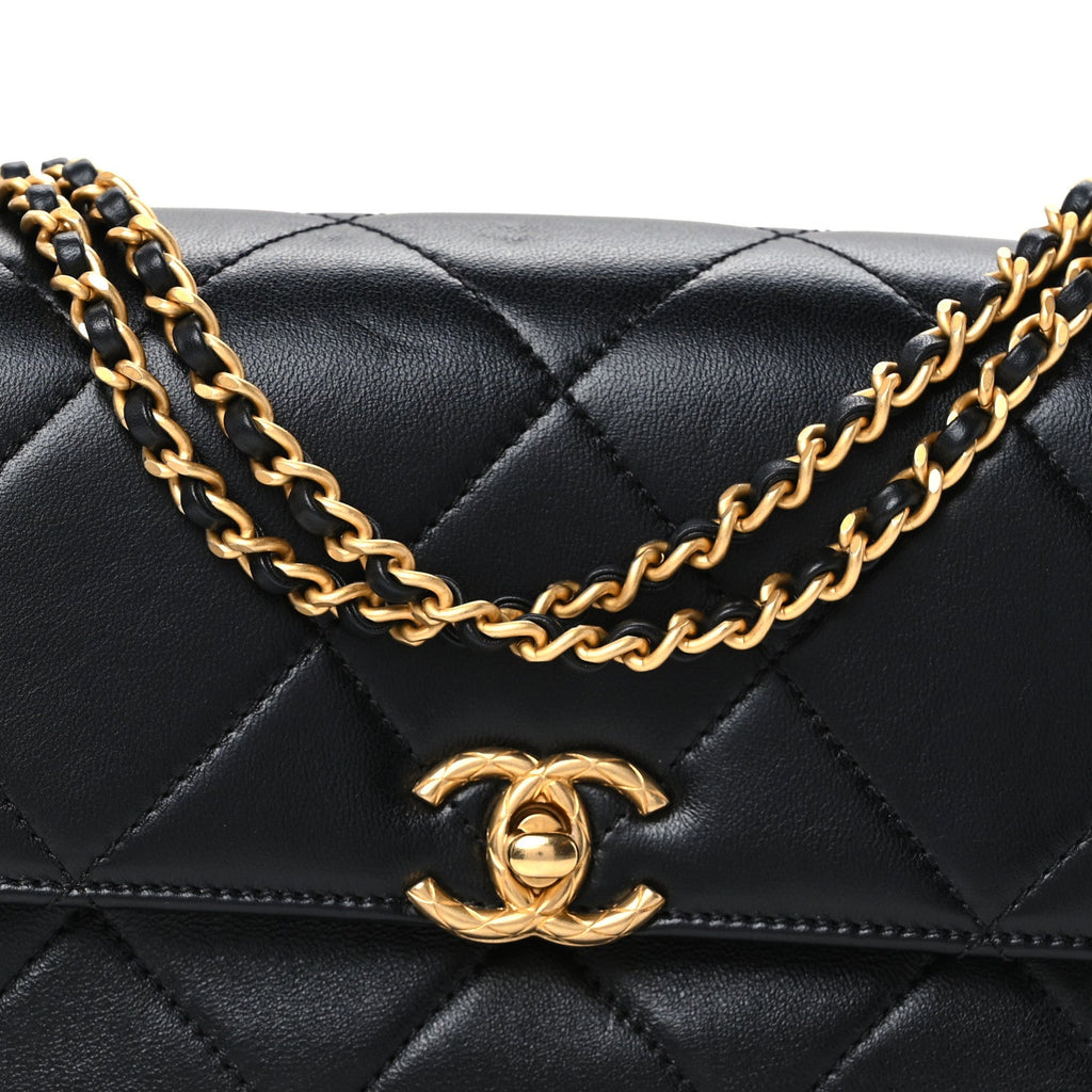 Lambskin Quilted Enamel Chain Logo Mini Flap Black
