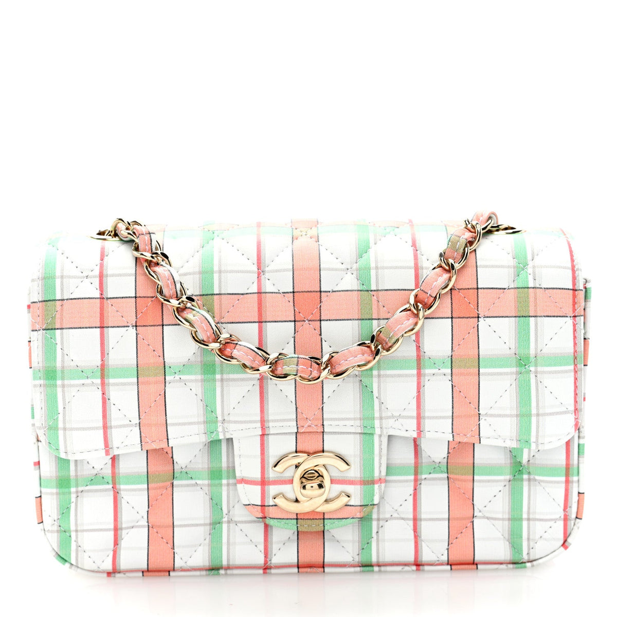 Calfskin Quilted Plaid Printed Small Single Flap White Multicolor