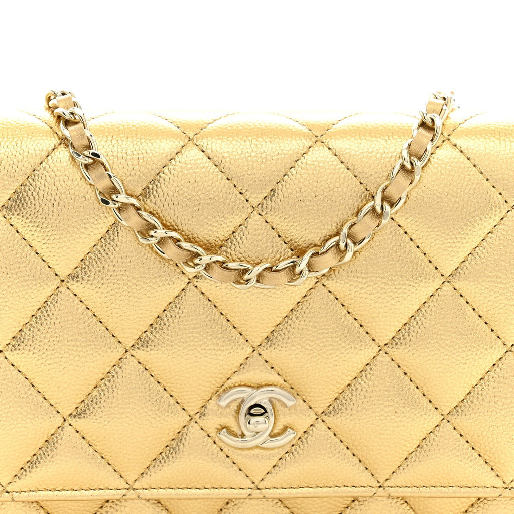 Metallic Caviar Quilted CC Turnlock Wallet On Chain WOC Gold