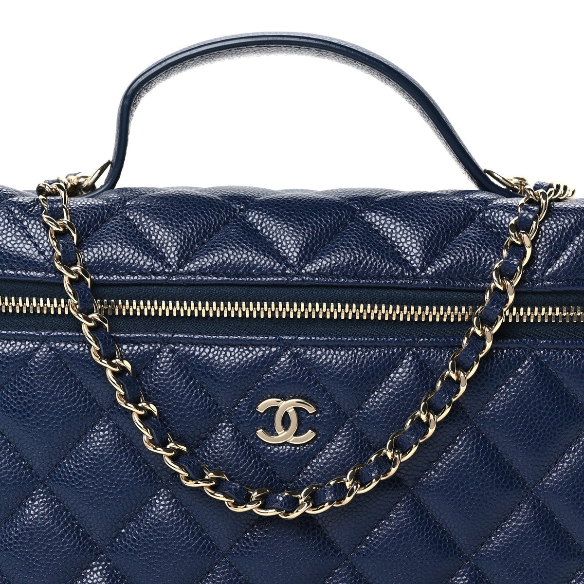 Caviar Quilted Top Handle Slim Vanity With Chain Navy